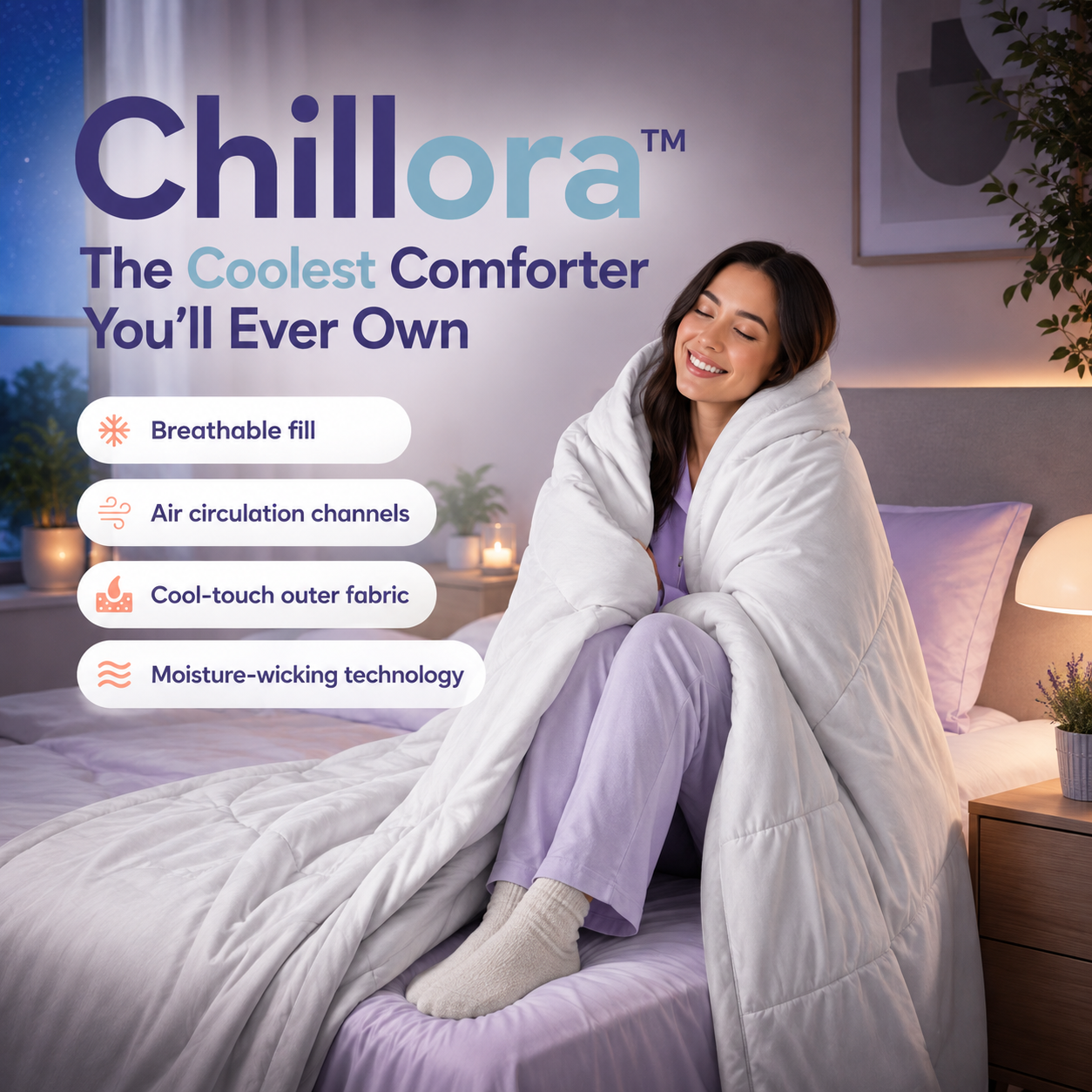 Chillora cooling comforter in a night-time bedroom